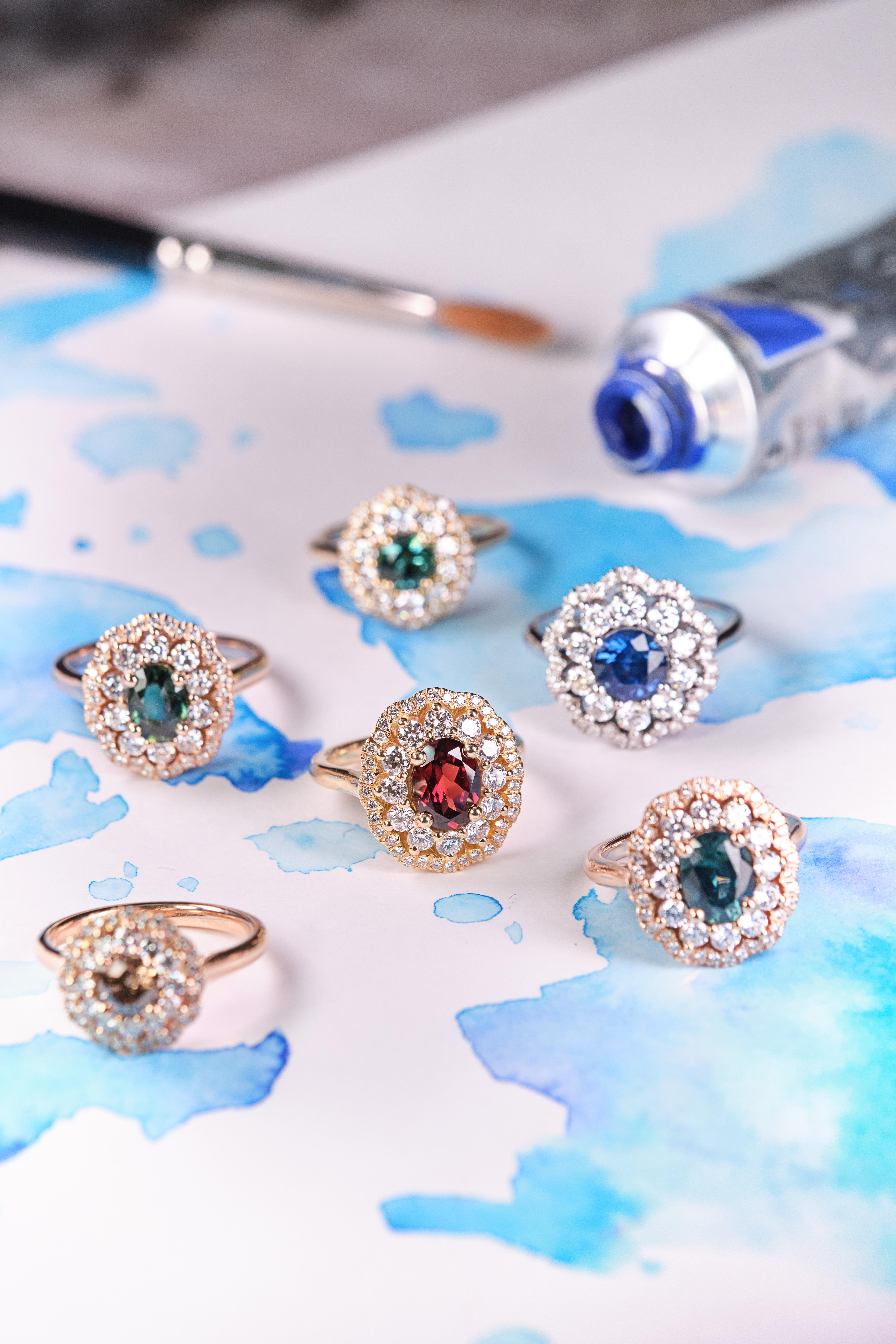 Visual of rings placed on blue paint splashes