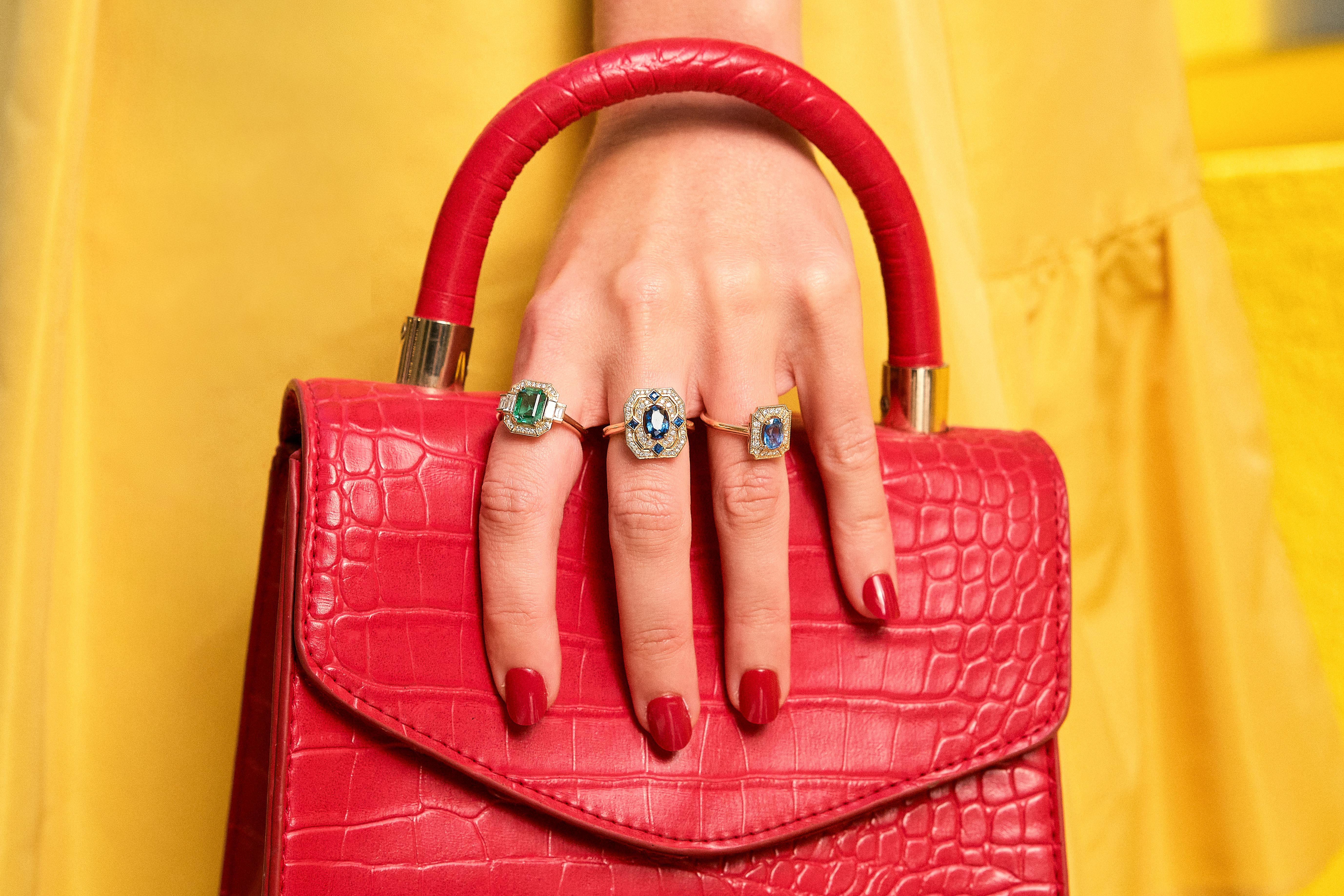visual of jewelry rings on red bag